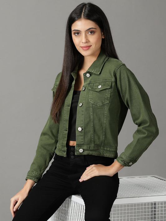 Olive Washed Crop Denim Jacket