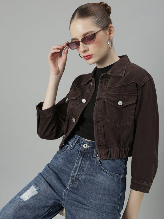 Brown Spread Collar Crop Denim Jacket