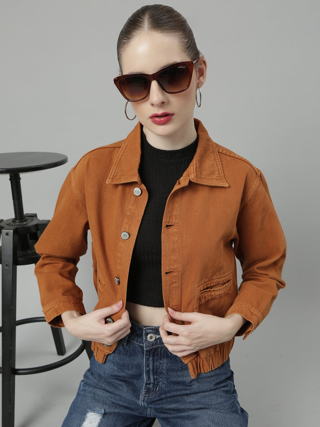 Rust Spread Collar Denim Jacket