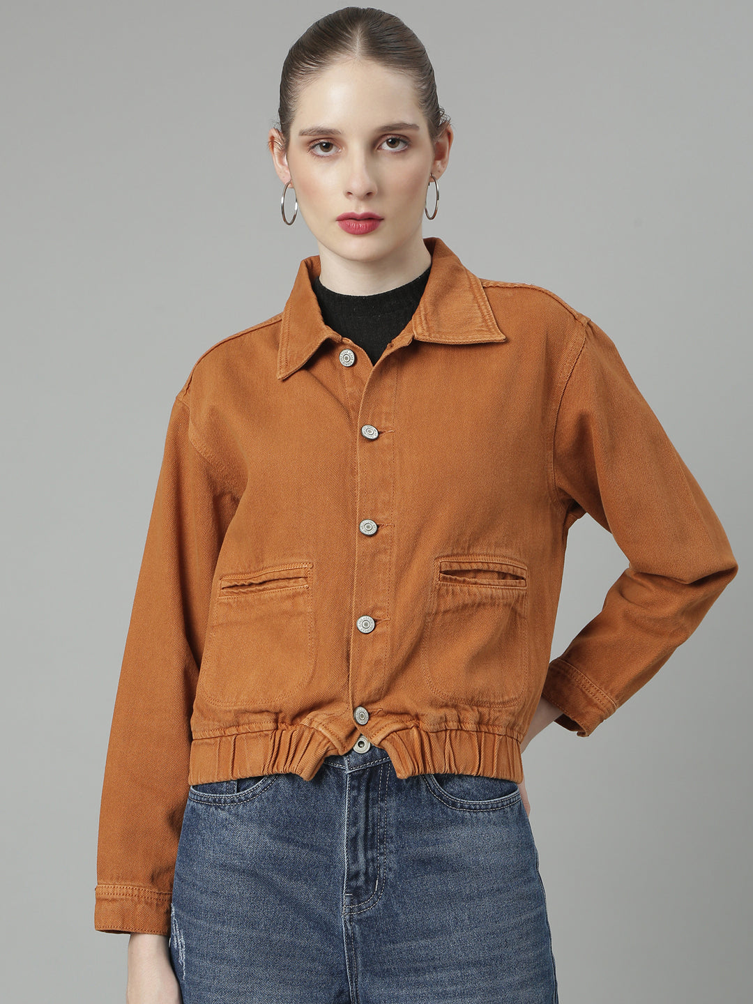 Rust Spread Collar Denim Jacket