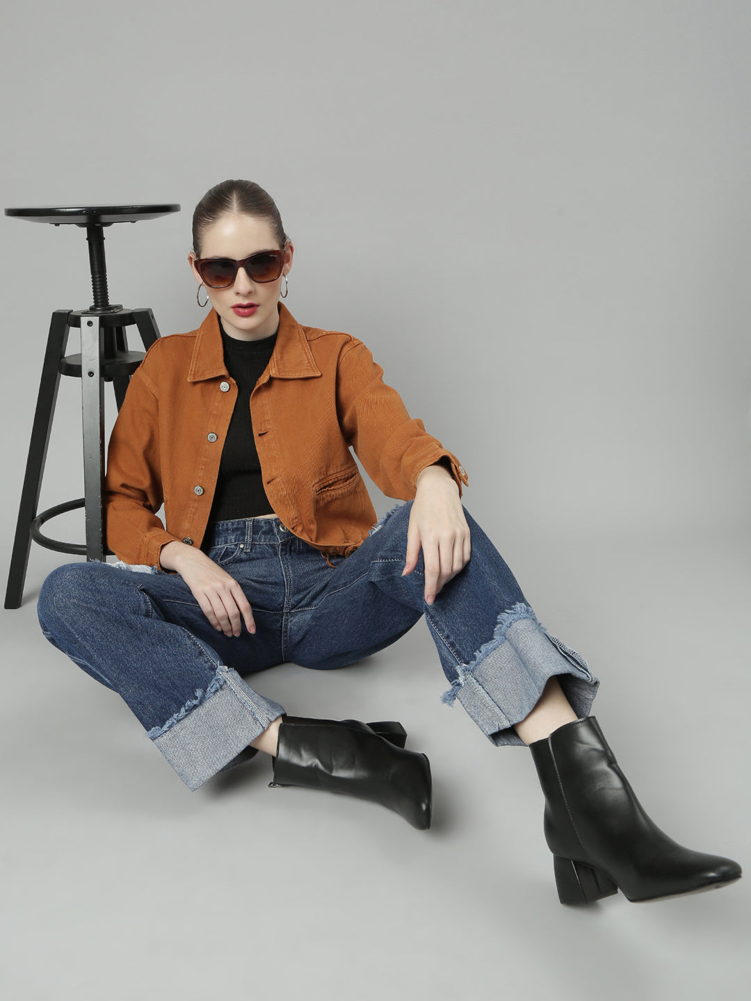 Rust Spread Collar Denim Jacket