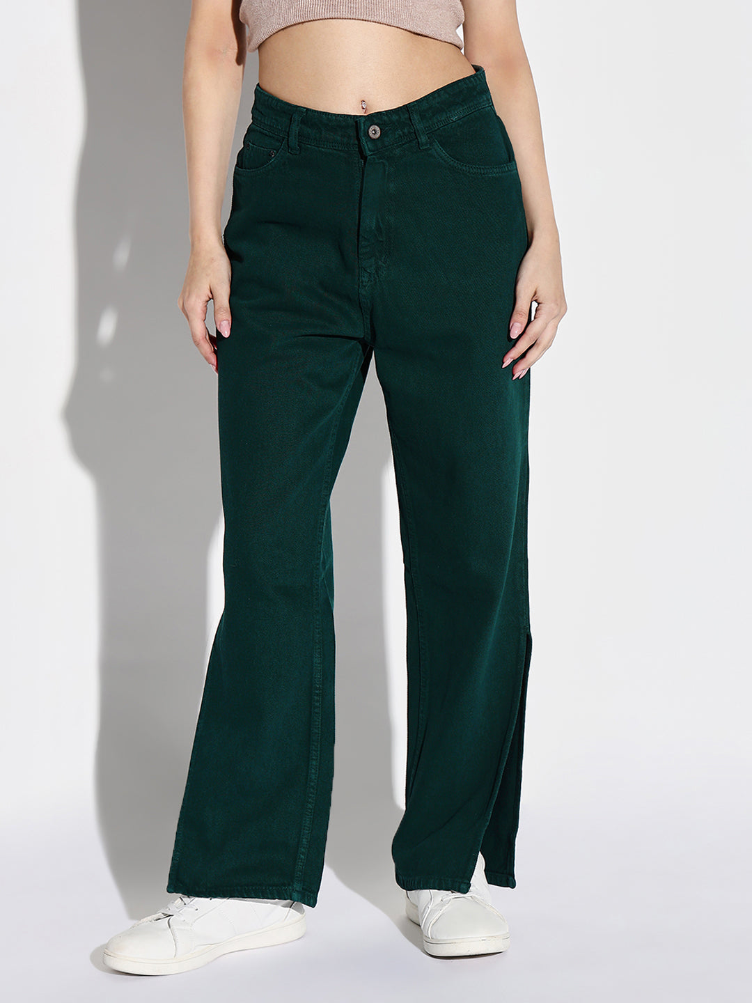 Green Comfort Wide Leg Acid Wash Stretchable Jeans