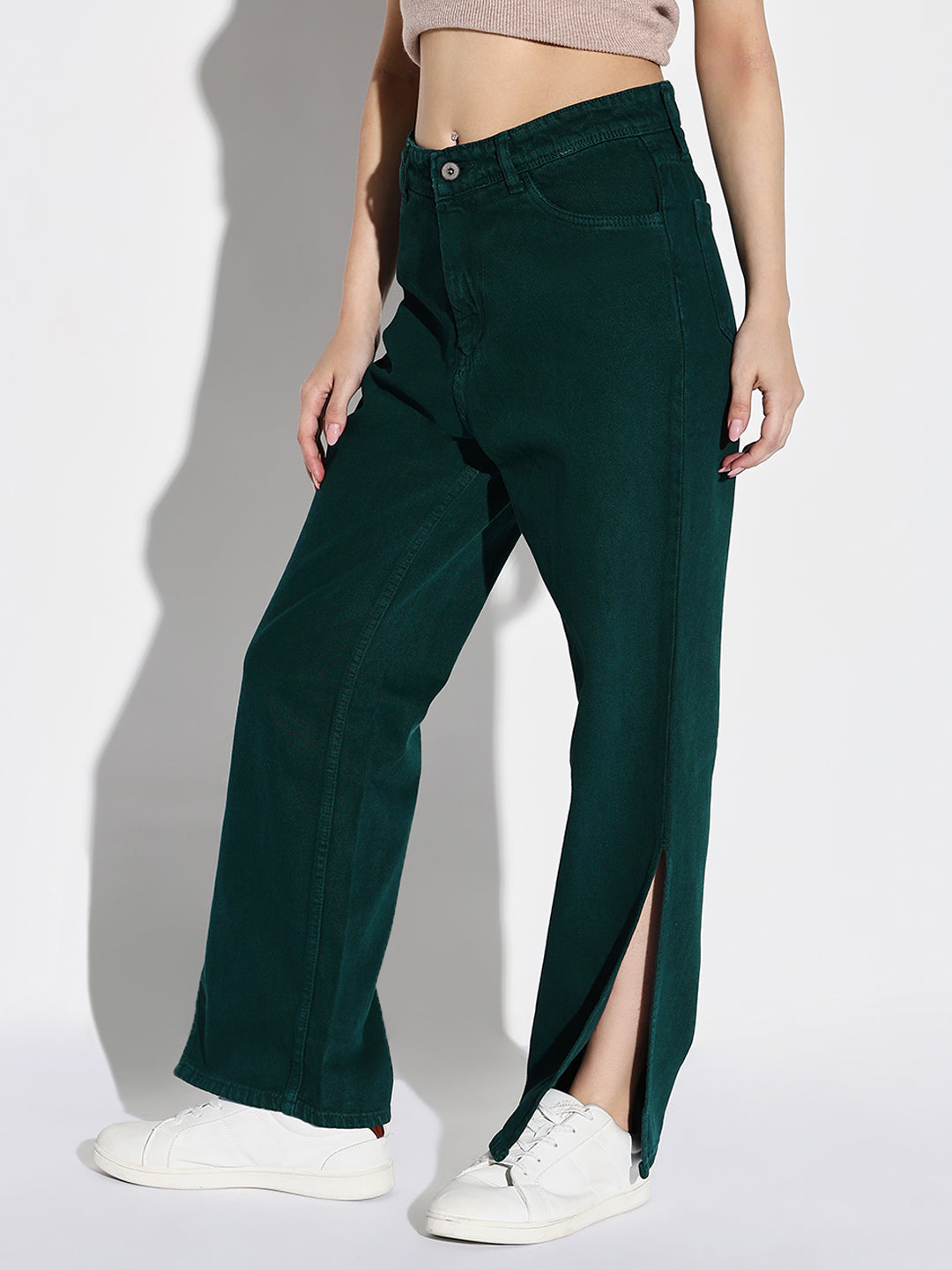 Green Comfort Wide Leg Acid Wash Stretchable Jeans