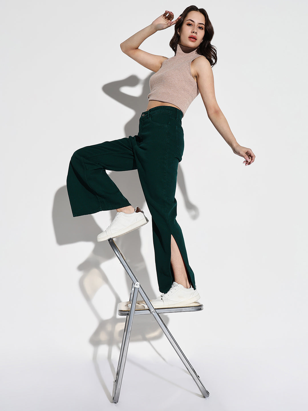 Green Comfort Wide Leg Acid Wash Stretchable Jeans