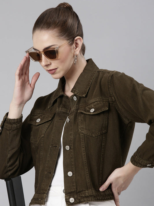Brown Spread Collar Denim Jacket