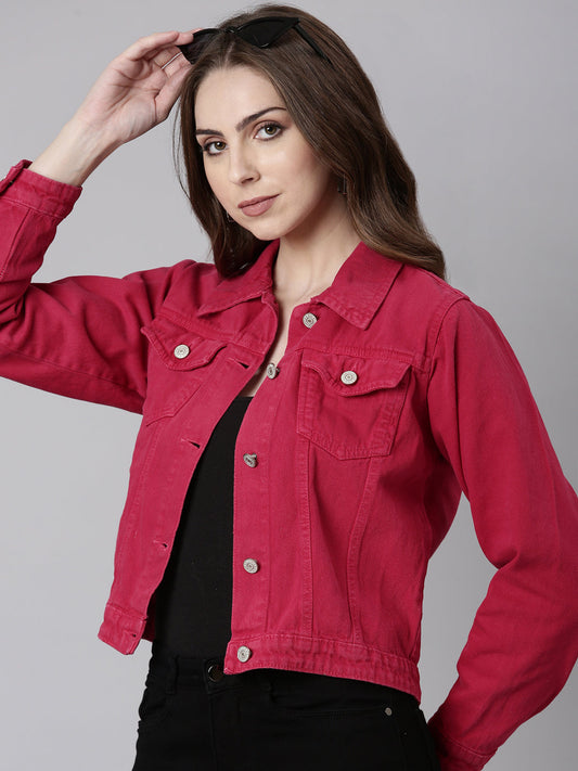 Fuchsia Spread Collar Crop Denim Jacket