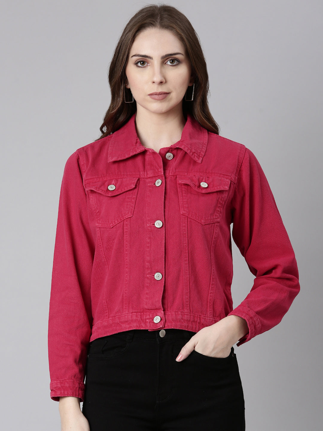 Fuchsia Spread Collar Crop Denim Jacket