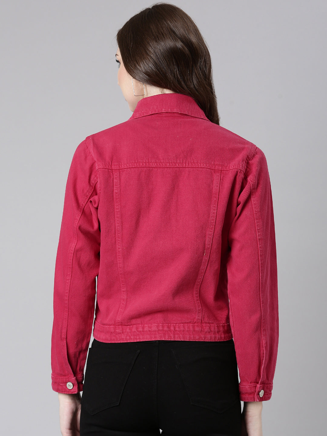 Fuchsia Spread Collar Crop Denim Jacket