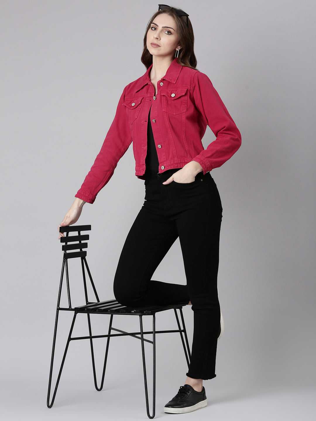 Fuchsia Spread Collar Crop Denim Jacket