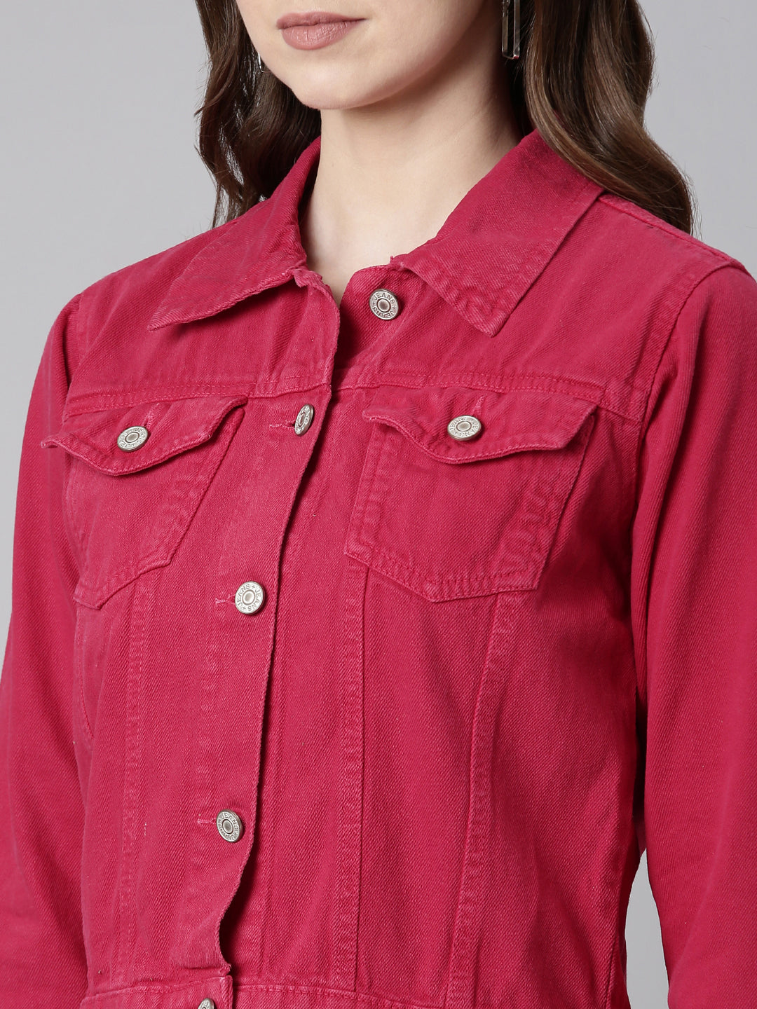 Fuchsia Spread Collar Crop Denim Jacket