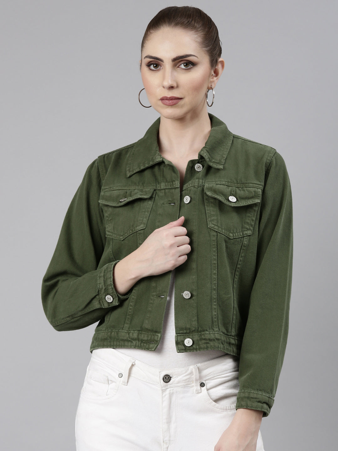 Green Spread Collar Crop Denim Jacket