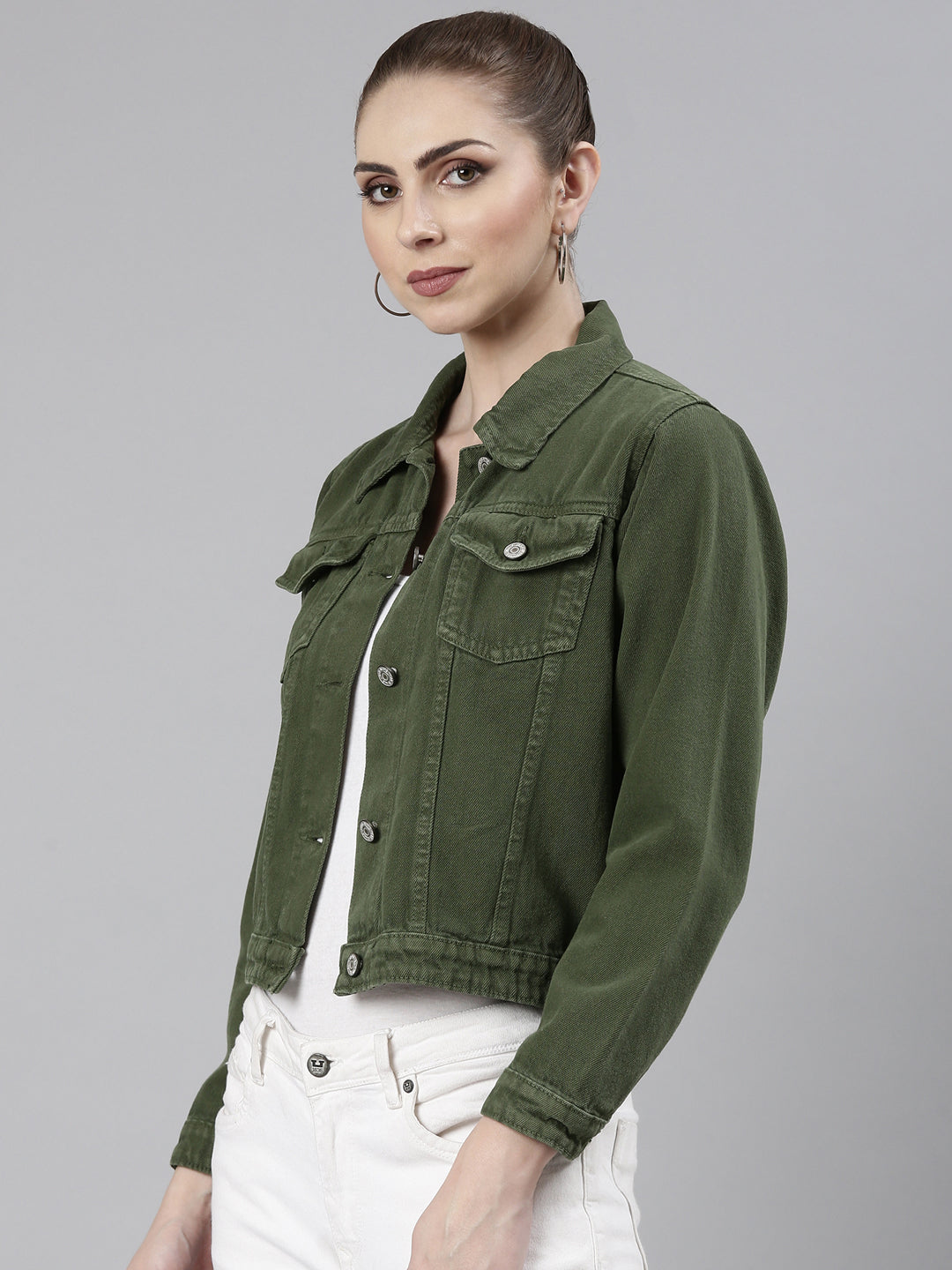 Green Spread Collar Crop Denim Jacket