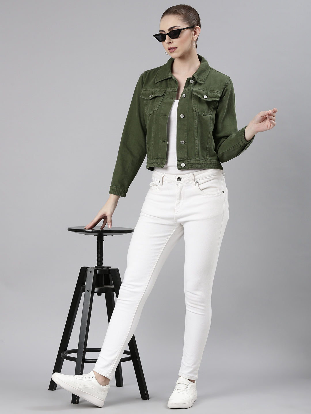 Green Spread Collar Crop Denim Jacket