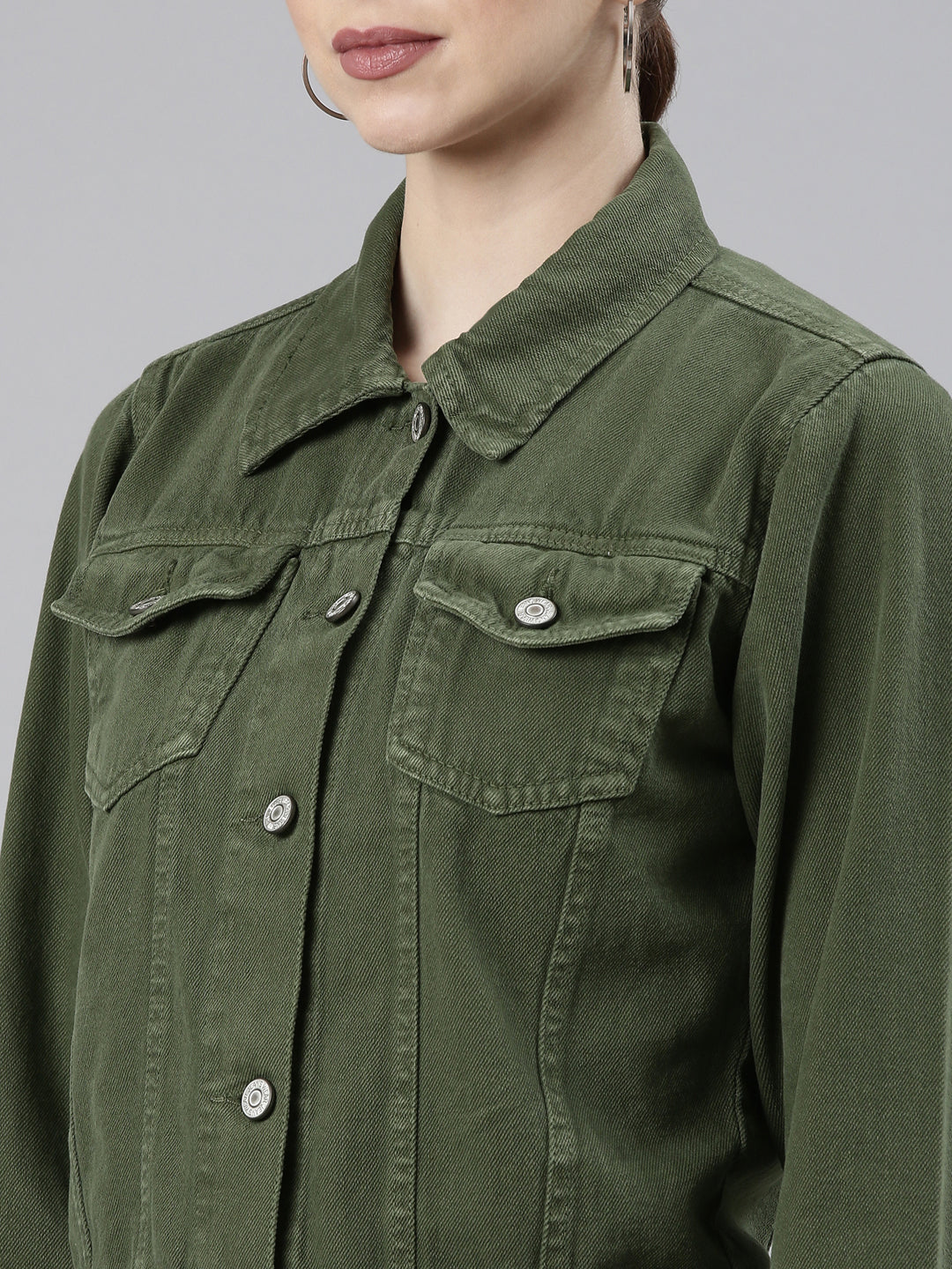 Green Spread Collar Crop Denim Jacket