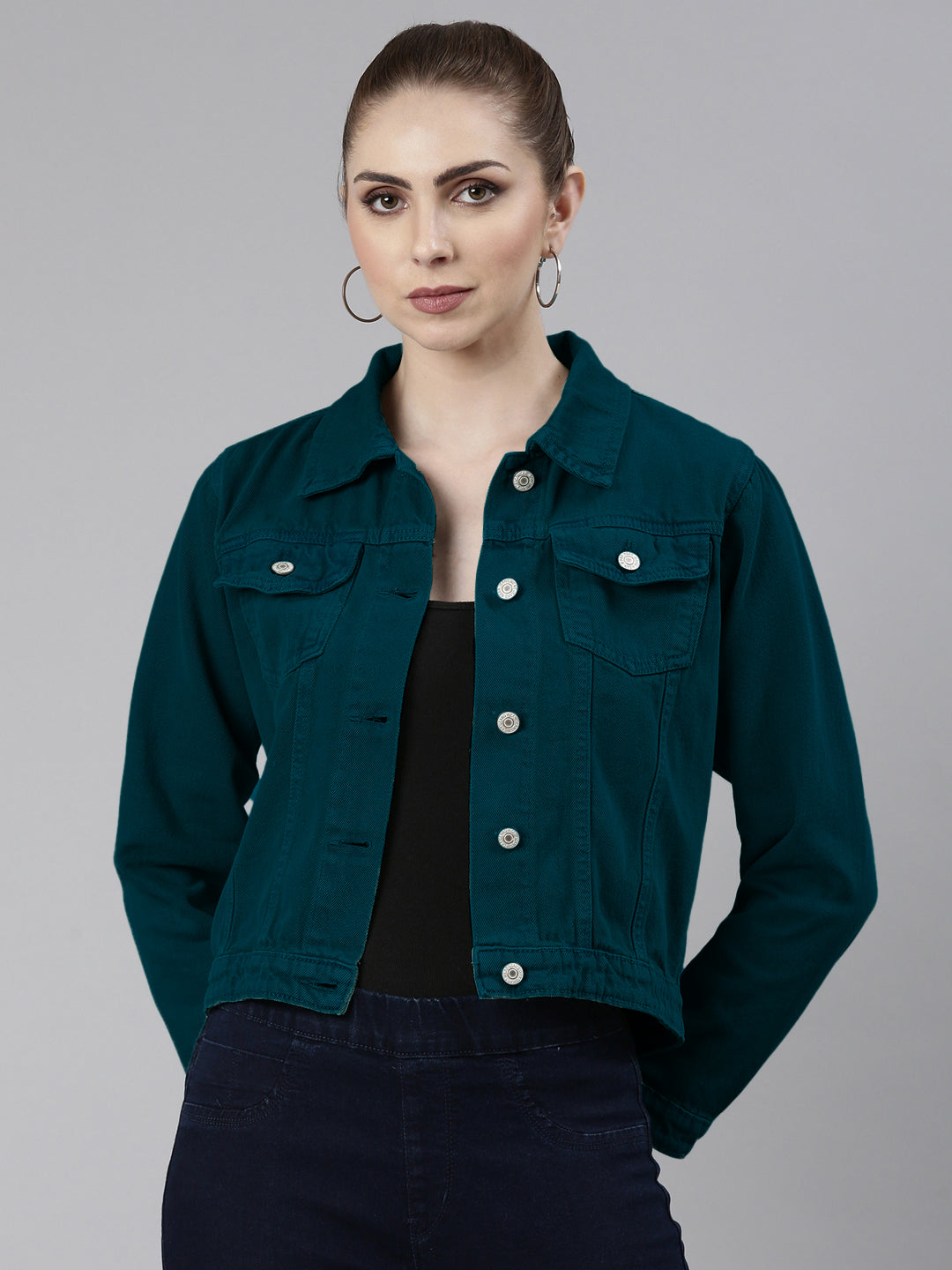 Spread Collar Turquoise Blue Solid Denim Jacket