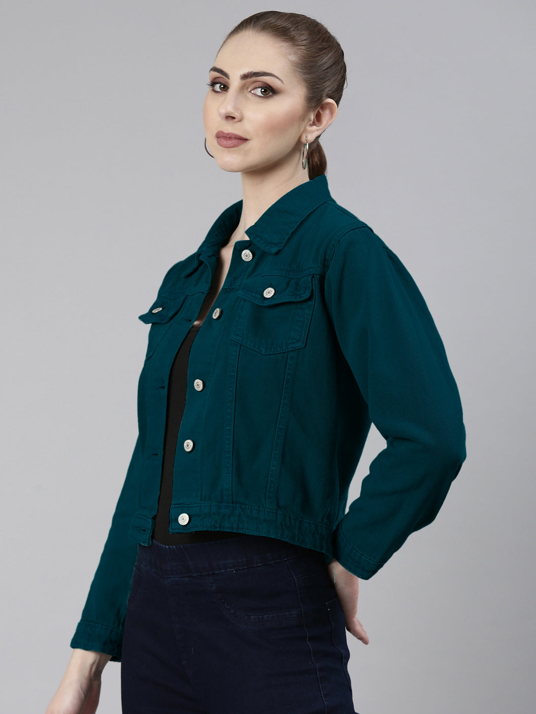 Spread Collar Turquoise Blue Solid Denim Jacket