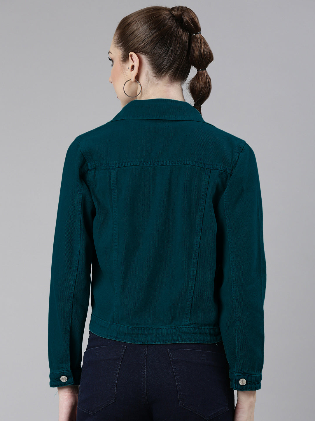 Spread Collar Turquoise Blue Solid Denim Jacket