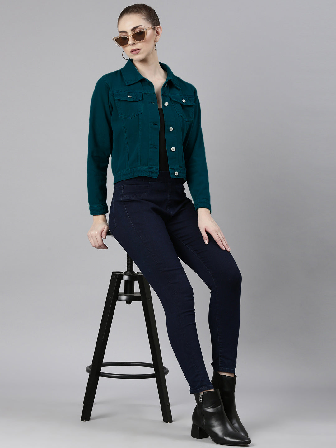 Spread Collar Turquoise Blue Solid Denim Jacket