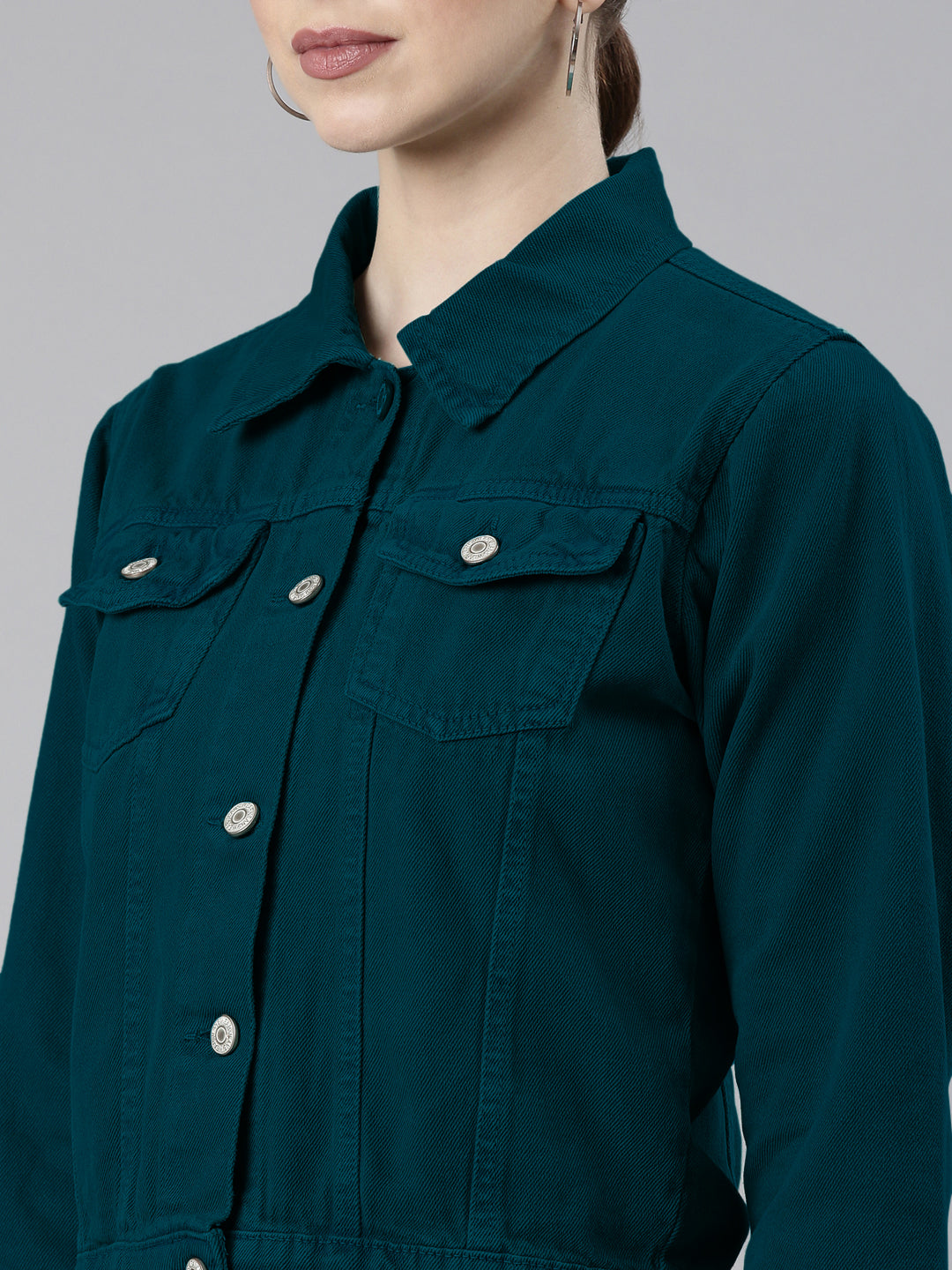 Spread Collar Turquoise Blue Solid Denim Jacket