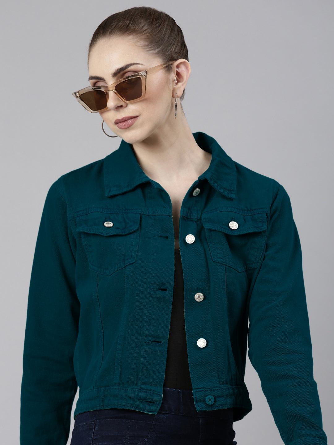 Spread Collar Turquoise Blue Solid Denim Jacket