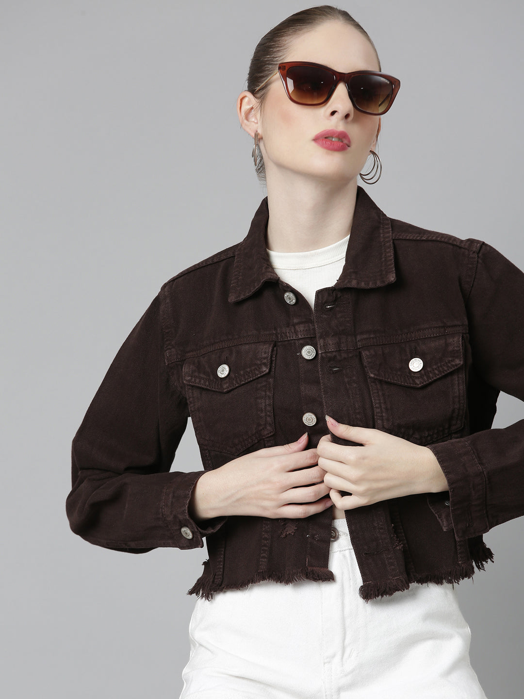 Brown Spread Collar Crop Denim Jacket
