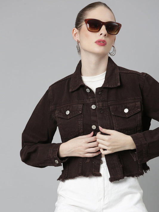 Brown Spread Collar Crop Denim Jacket