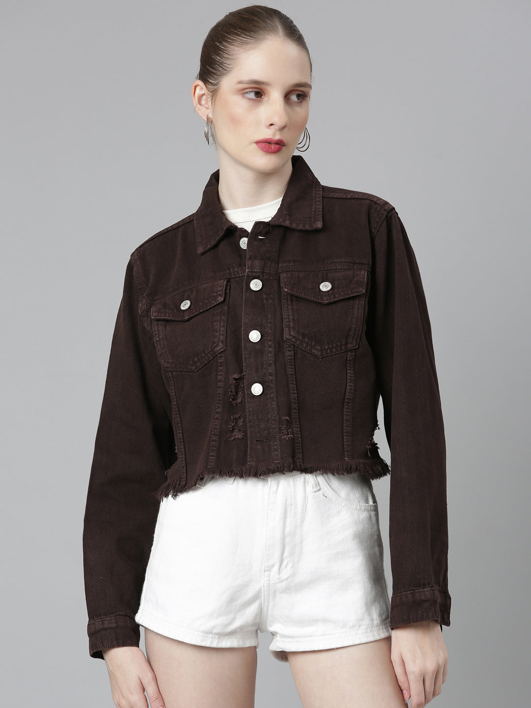 Brown Spread Collar Crop Denim Jacket