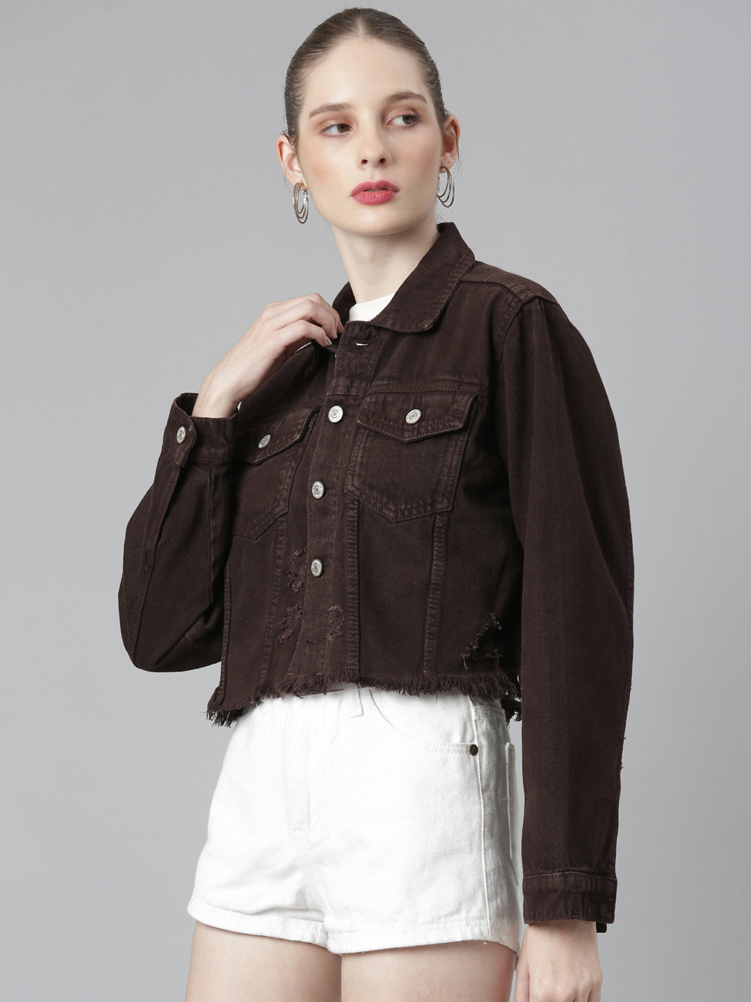 Brown Spread Collar Crop Denim Jacket