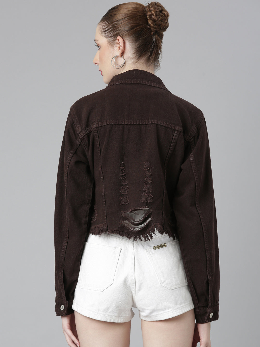 Brown Spread Collar Crop Denim Jacket