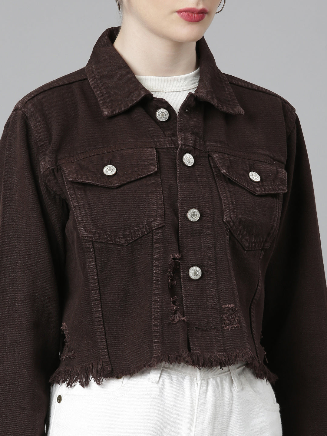 Brown Spread Collar Crop Denim Jacket
