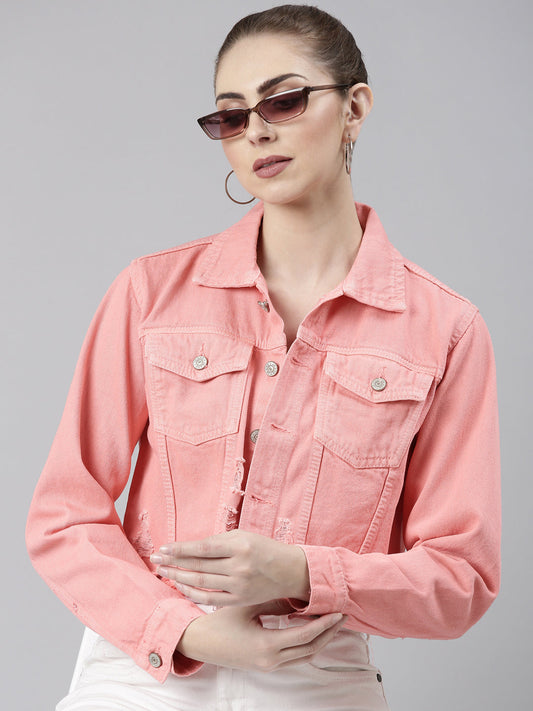 Coral Spread Collar Crop Denim Jacket