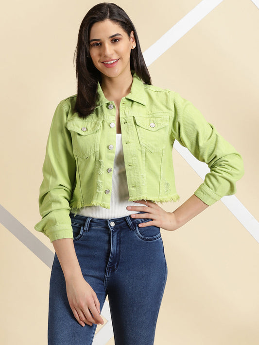 Green Spread Collar Distressed Crop Denim Jacket