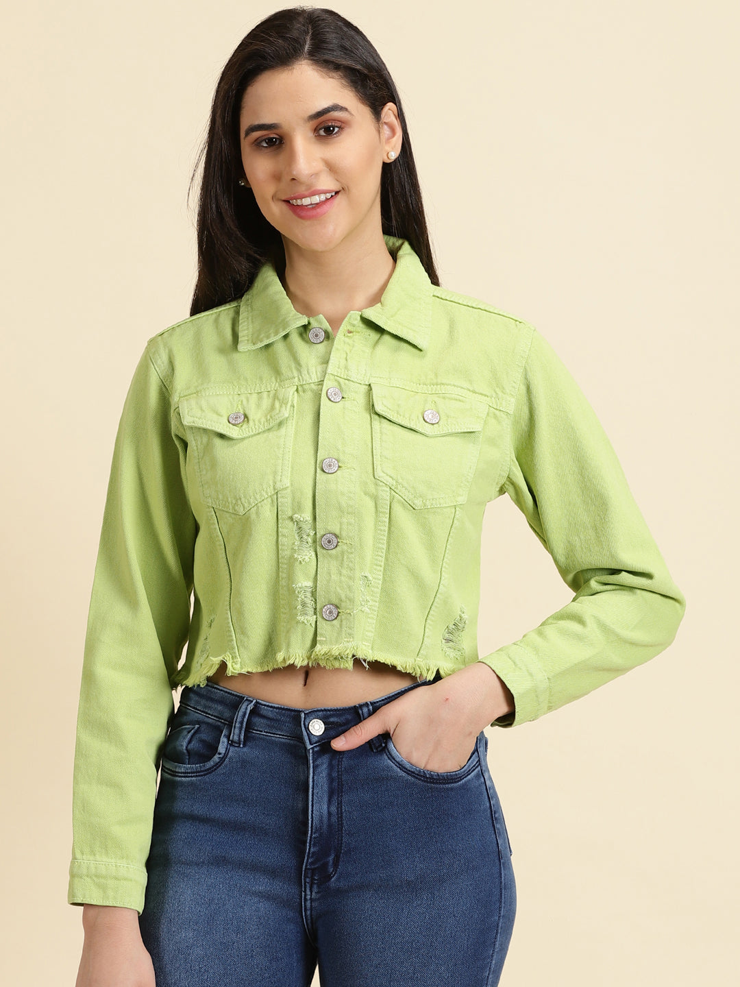 Green Spread Collar Distressed Crop Denim Jacket