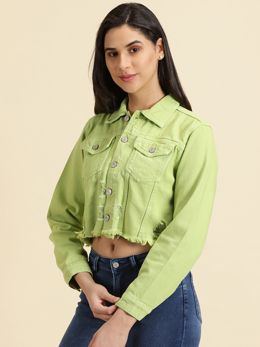 Green Spread Collar Distressed Crop Denim Jacket