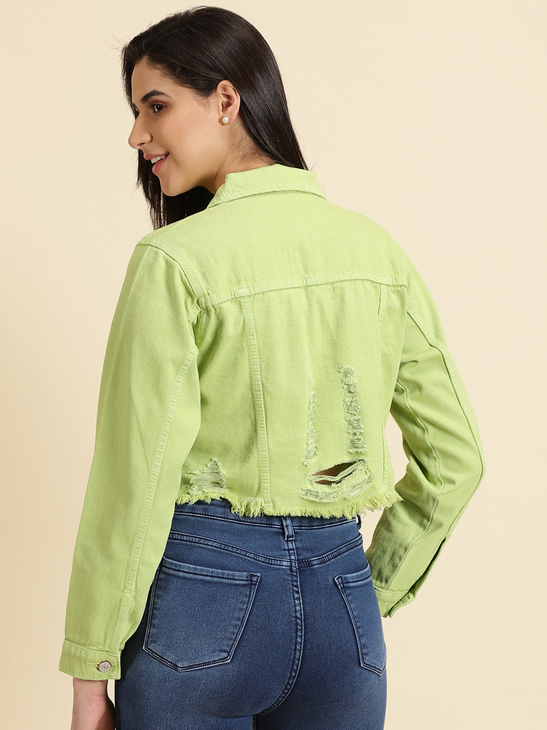 Green Spread Collar Distressed Crop Denim Jacket