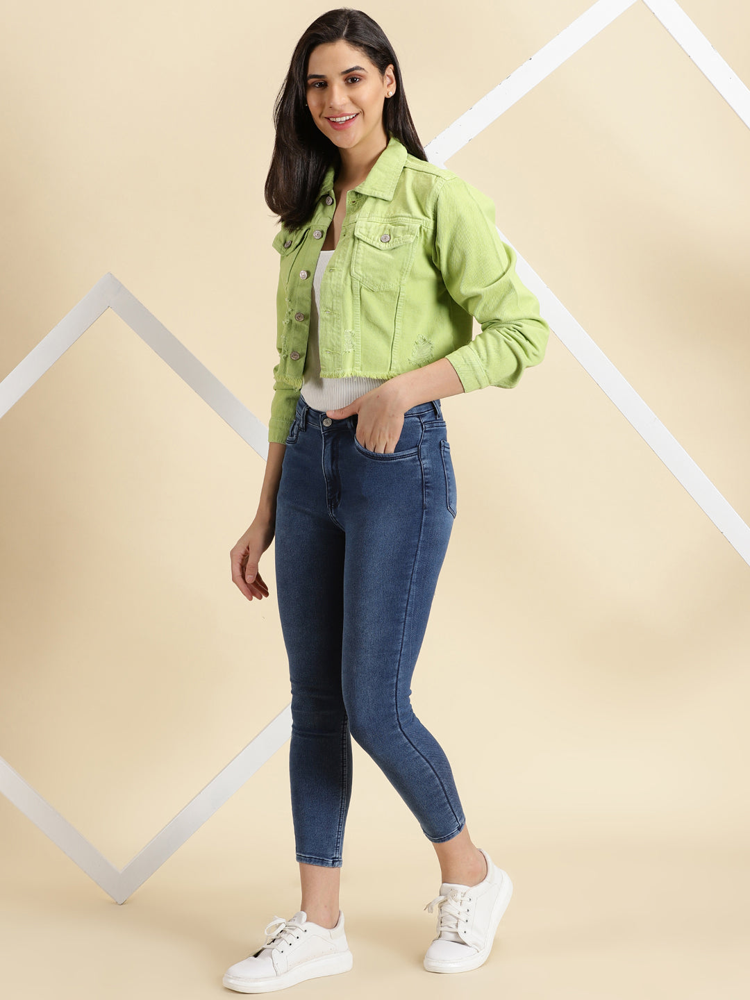Green Spread Collar Distressed Crop Denim Jacket