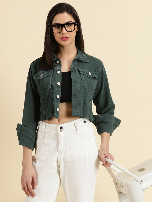 Green Spread Collar Distressed Crop Denim Jacket