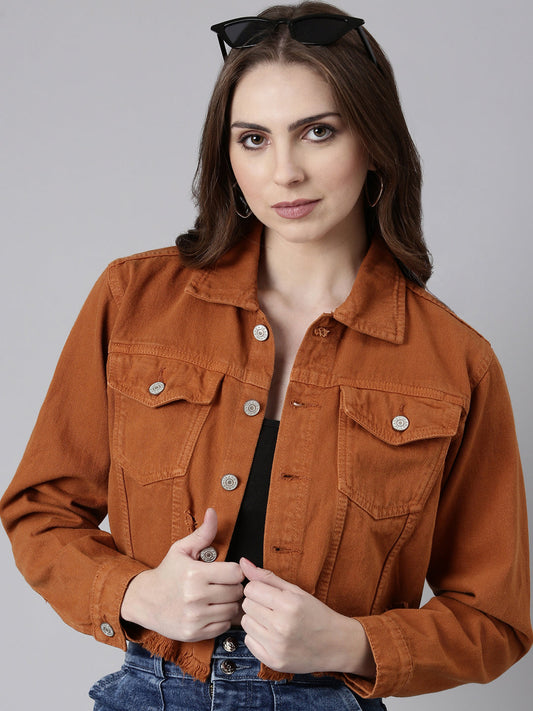 Rust Spread Collar Crop Denim Jacket
