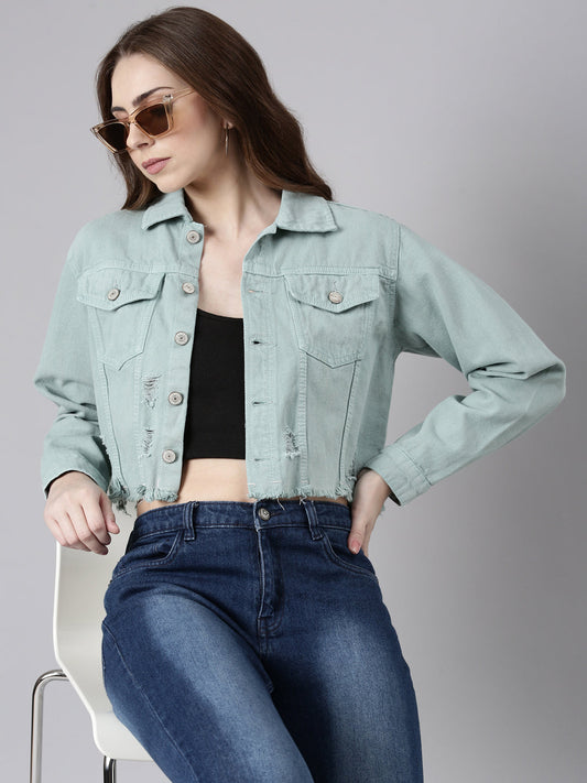 Sea Green Spread Collar Crop Denim Jacket
