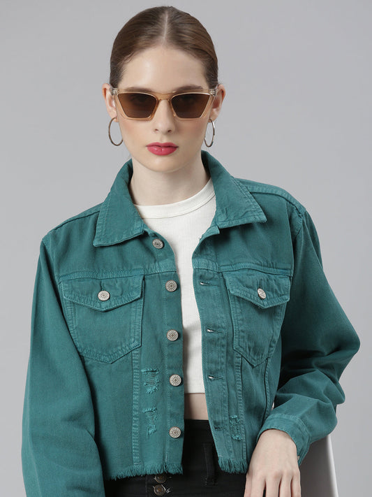 Teal Spread Collar Distressed Crop Denim Jacket