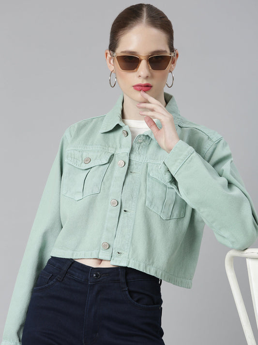 Sea Green Spread Collar Crop Denim Jacket