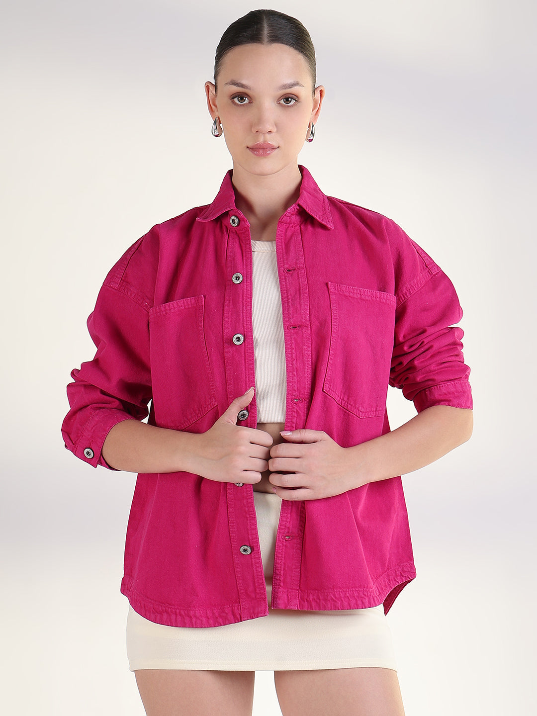Solid Pink Spread Collar Shacket