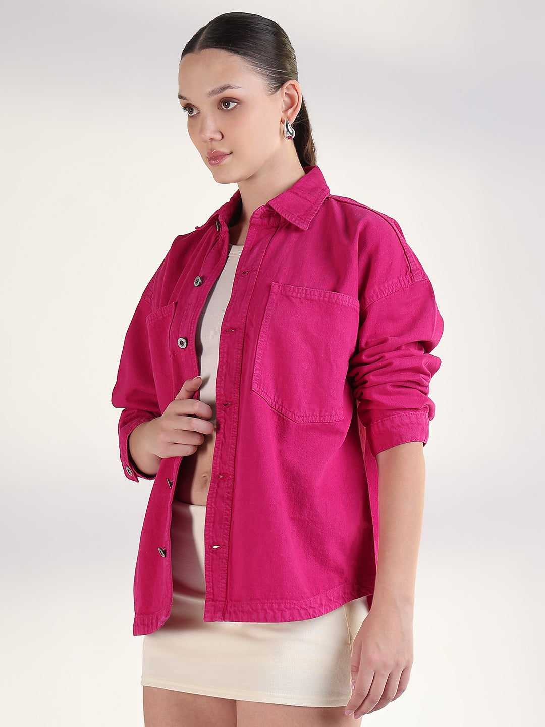 Solid Pink Spread Collar Shacket