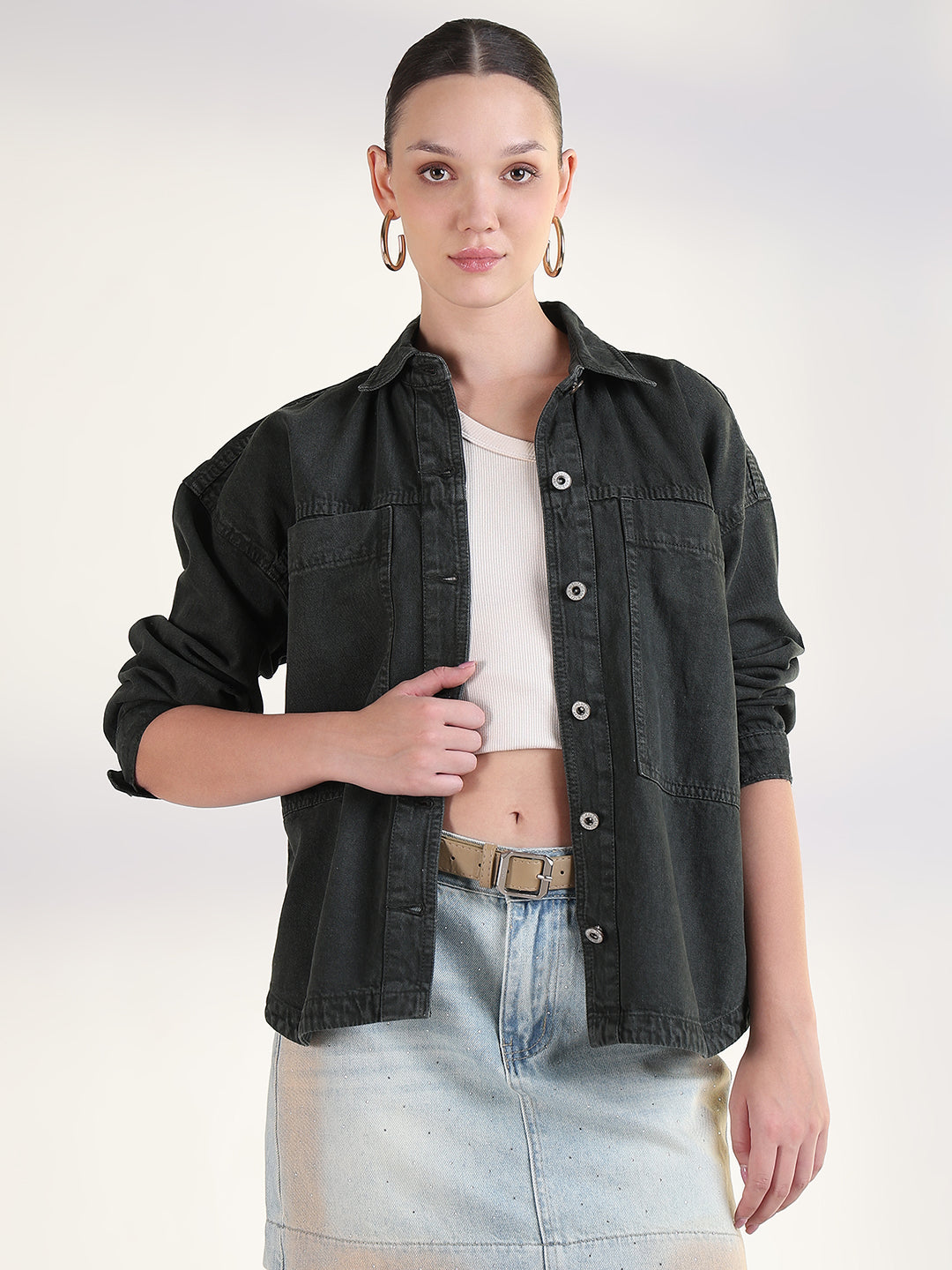 Solid Olive Spread Collar Shacket