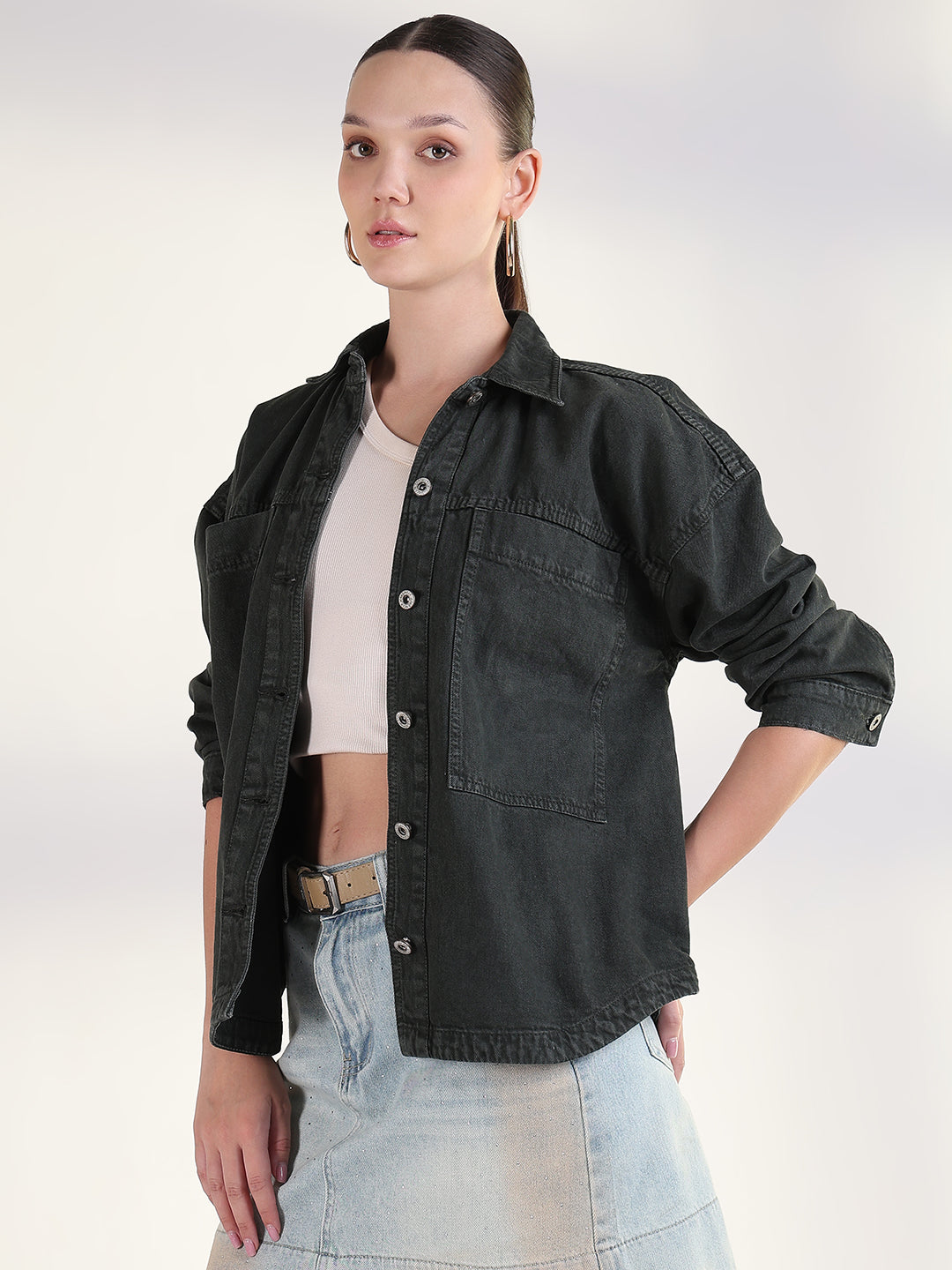 Solid Olive Spread Collar Shacket