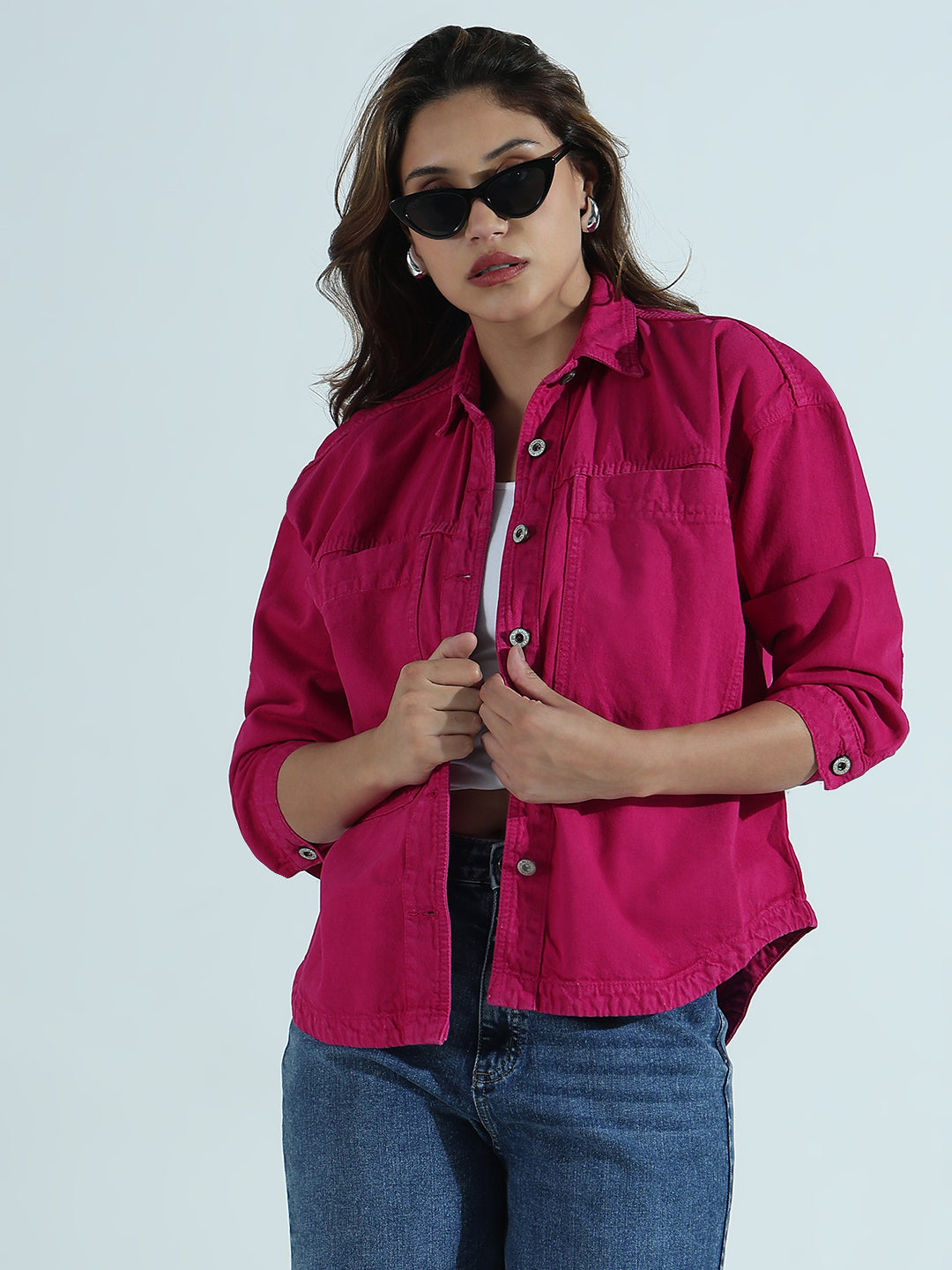 Solid Pink Spread Collar Shacket