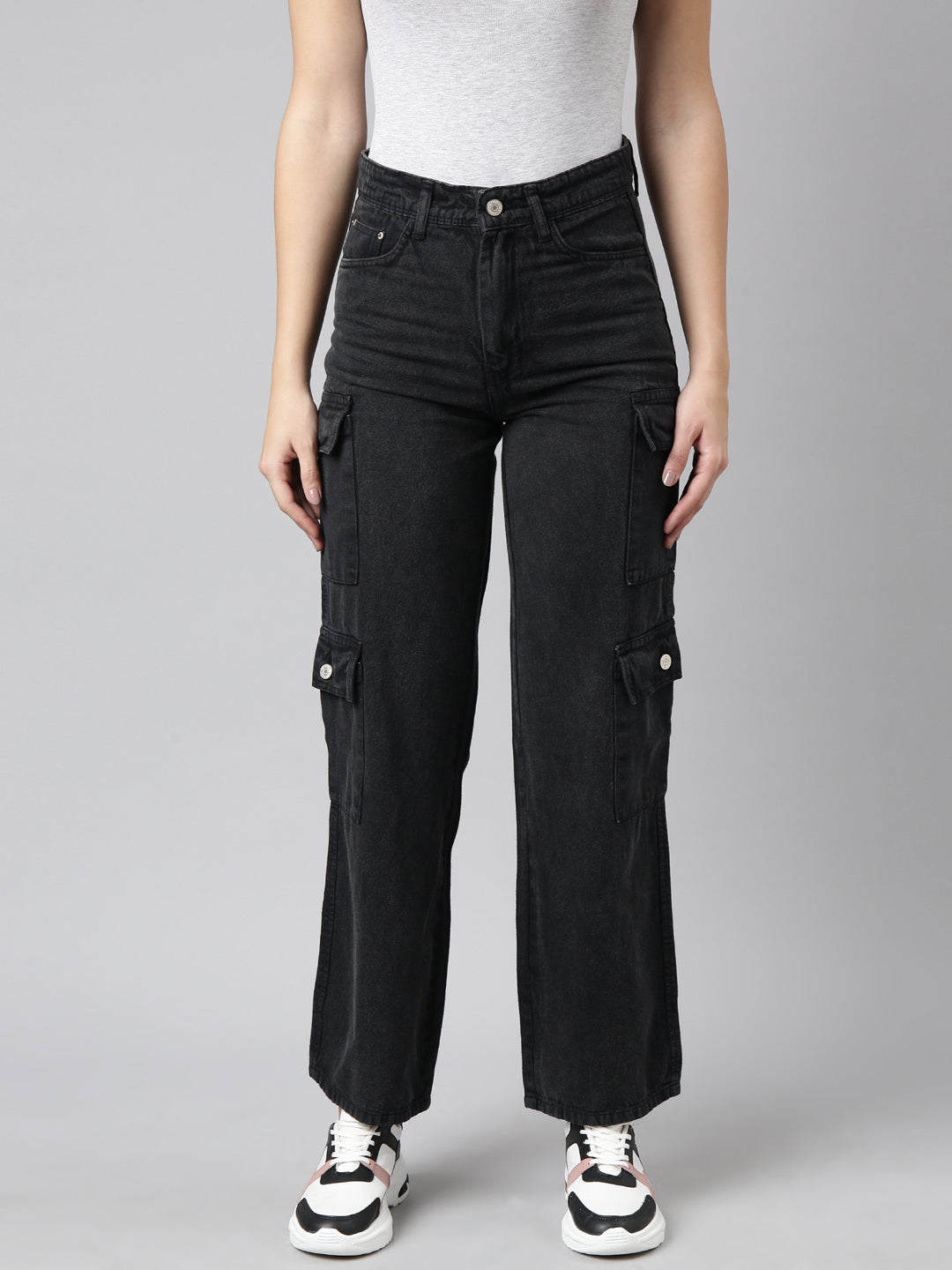 Charcoal Straight Fit Denim Cargo Jeans