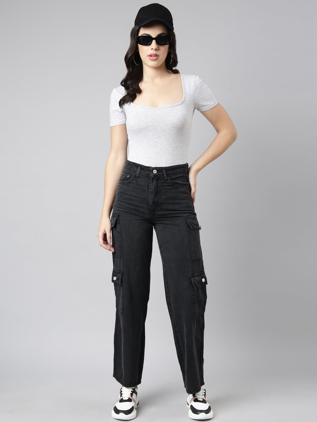 Charcoal Straight Fit Denim Cargo Jeans
