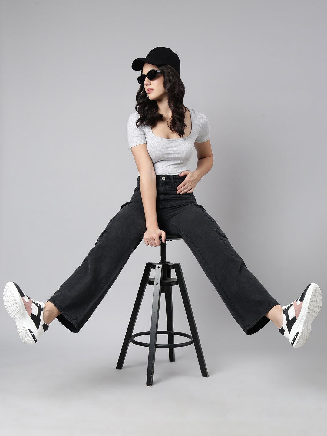 Charcoal Straight Fit Denim Cargo Jeans