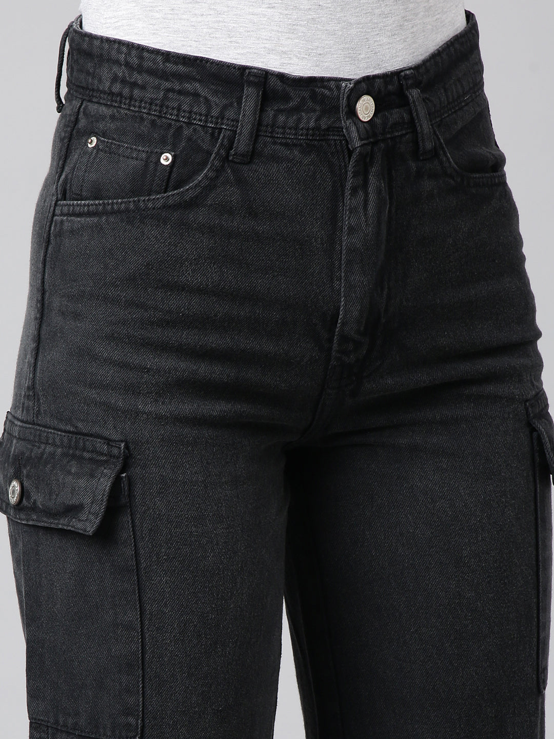 Charcoal Straight Fit Denim Cargo Jeans